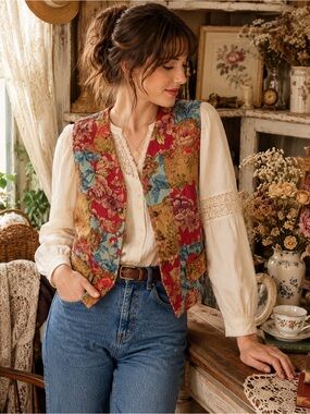 LIZ SPORT Vintage Floral Patchwork Vest Sz S Petite Gramdmacore Boho Cottagecore